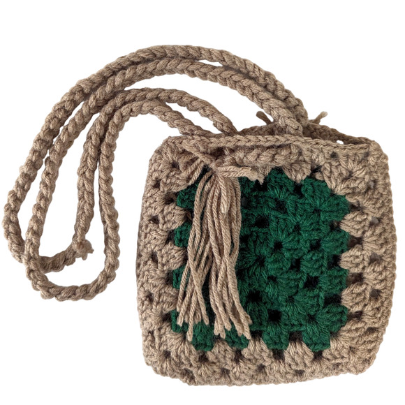 Vintage Handmade Granny Square Shoulder Purse Bag Green Beige Crochet Knit Mini - Picture 1 of 8